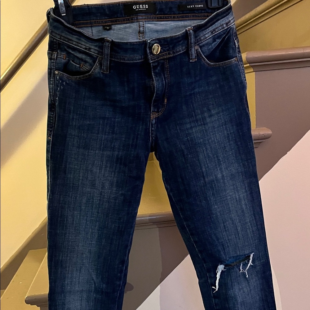 GUESS Women's Dark Blue Skinny Distressed Jeans - Picture 3 of 6